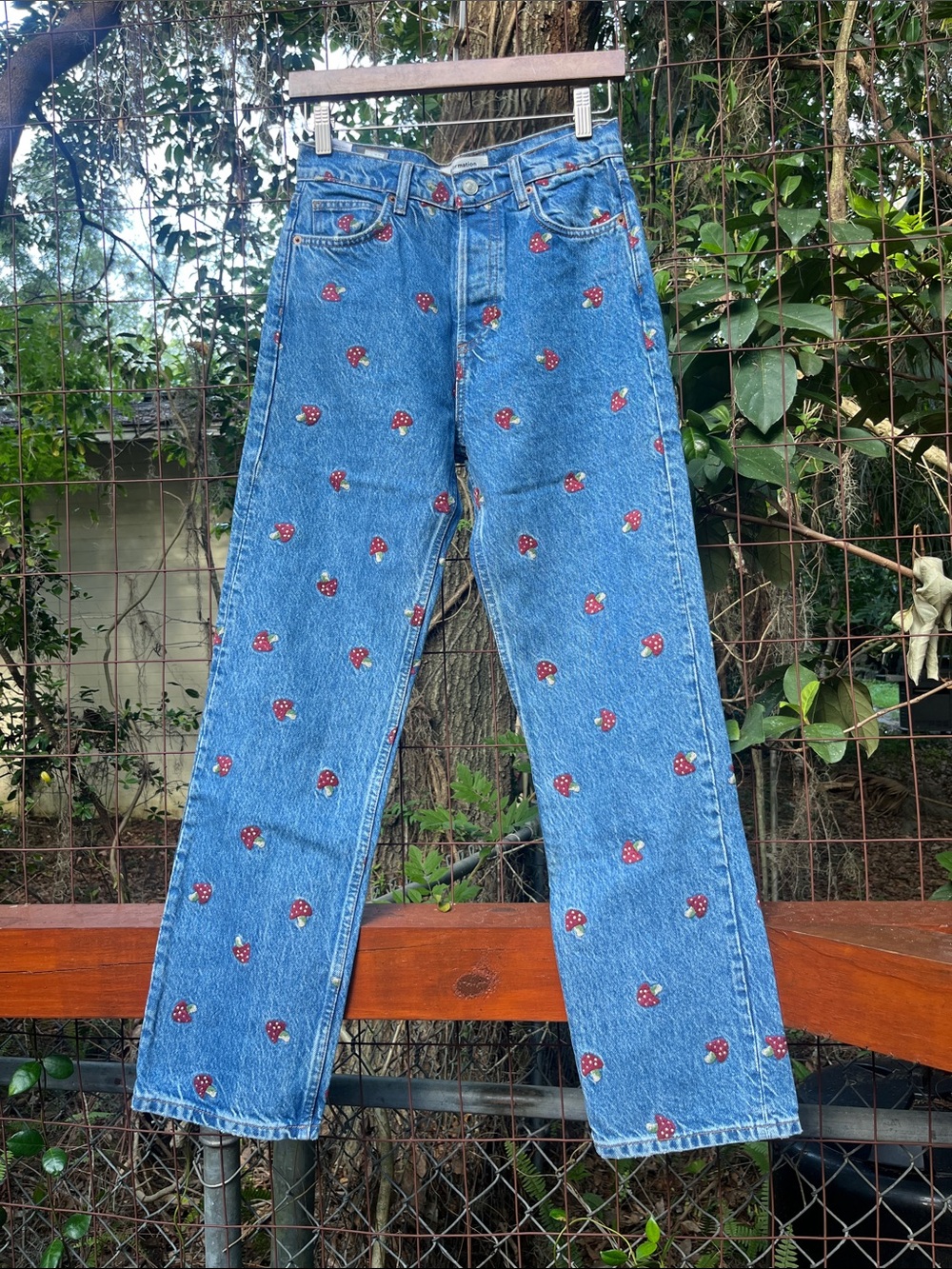 Reformation Mushroom Embroidered High Rise Straight Jeans